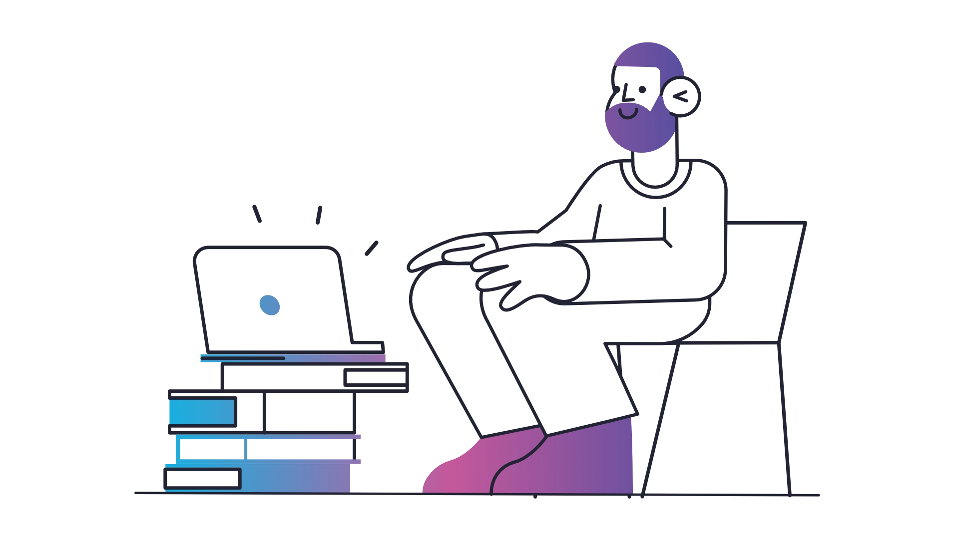 An illustration of a man searching for answers to questions on his laptop.