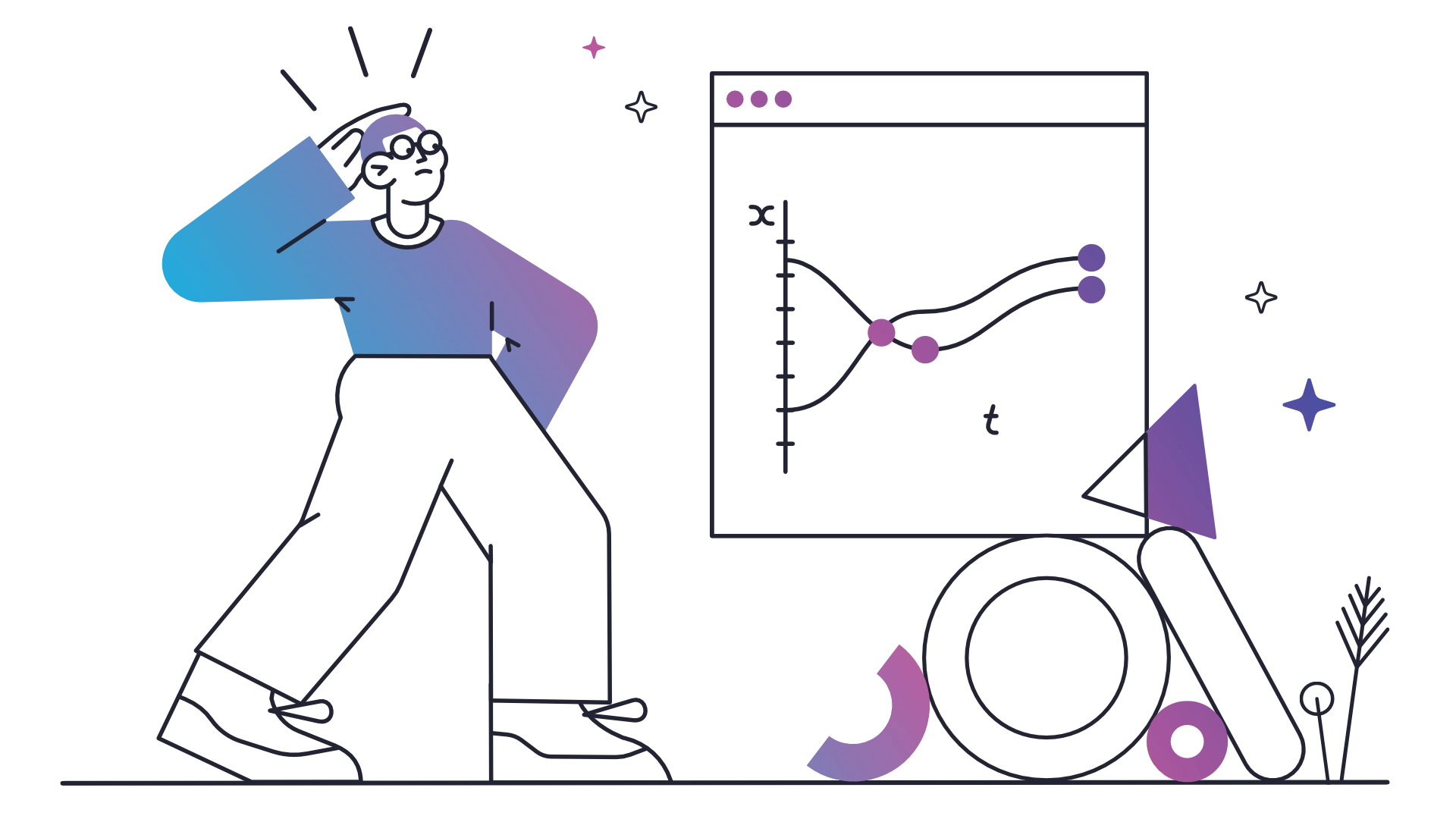 An illustration of a man deep in thought over a strategy for a website.