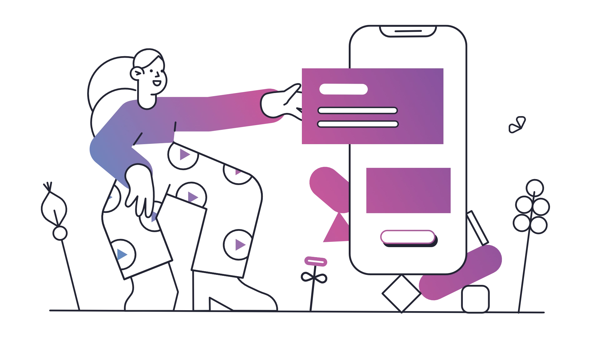 An illustration of a woman placing content onto a mobile phone.