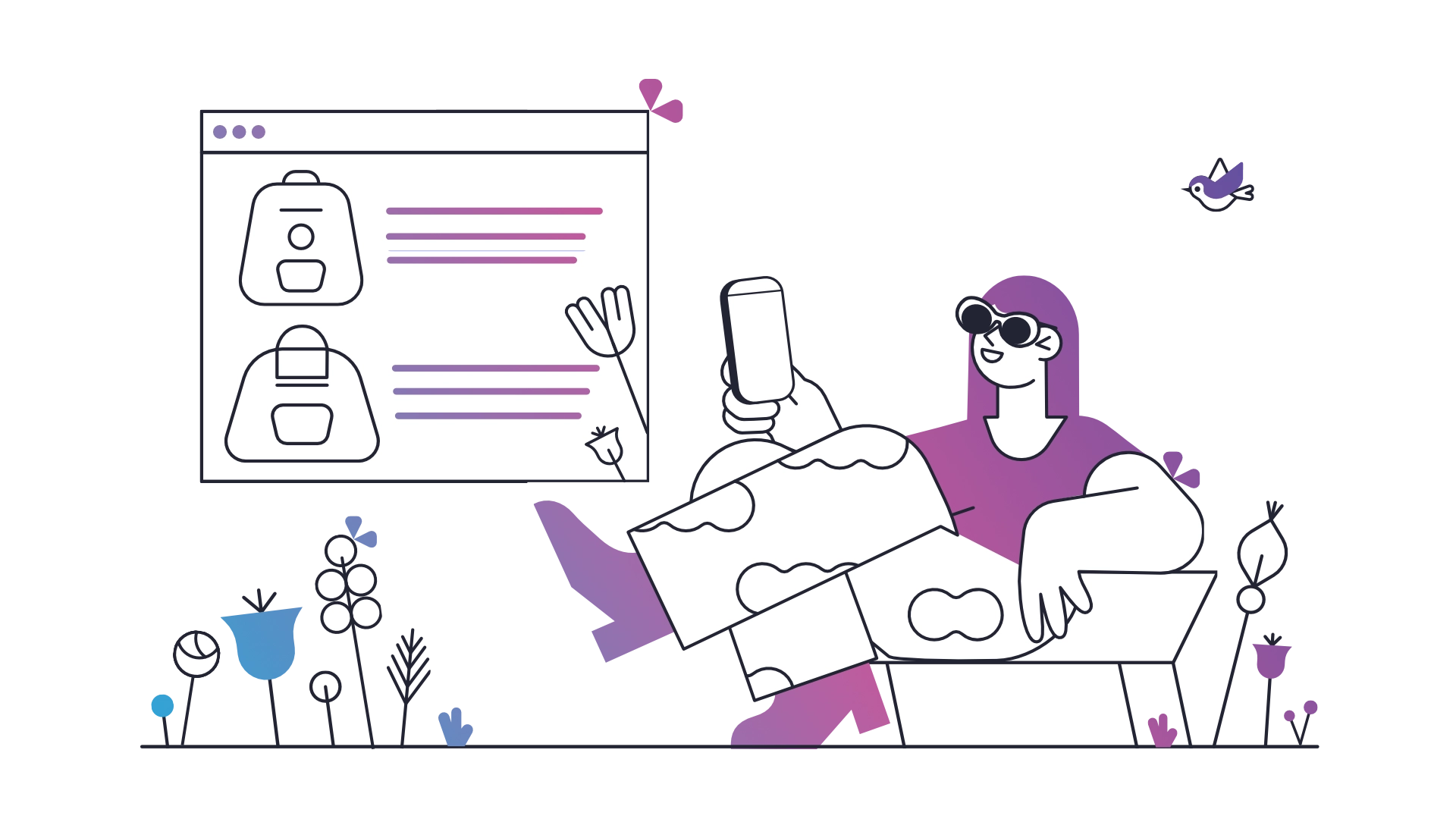 An illustration of a woman shopping online from the comfort of her home.