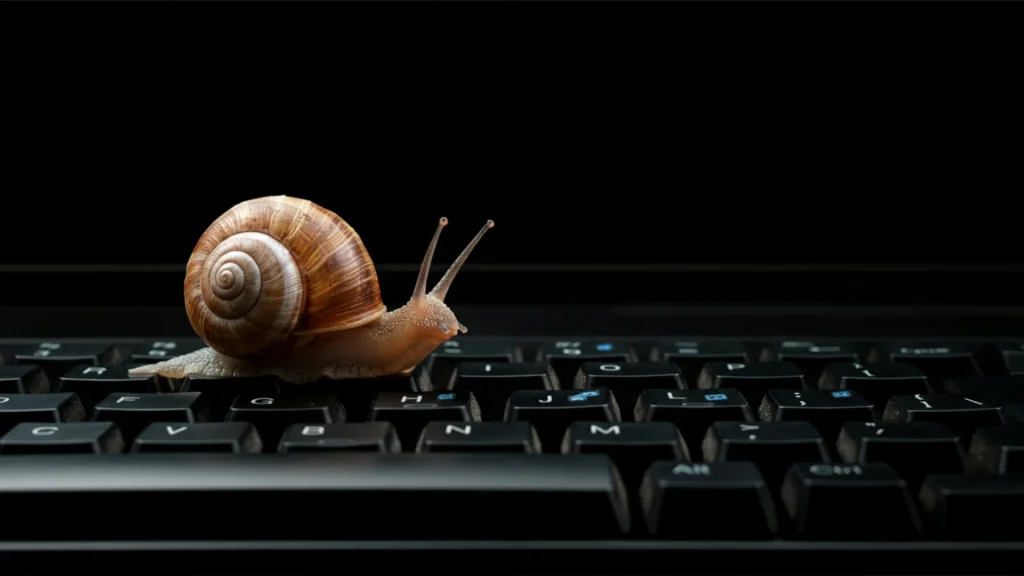 Snail crawling on laptop keyboard representing a painfully slow-loading website.