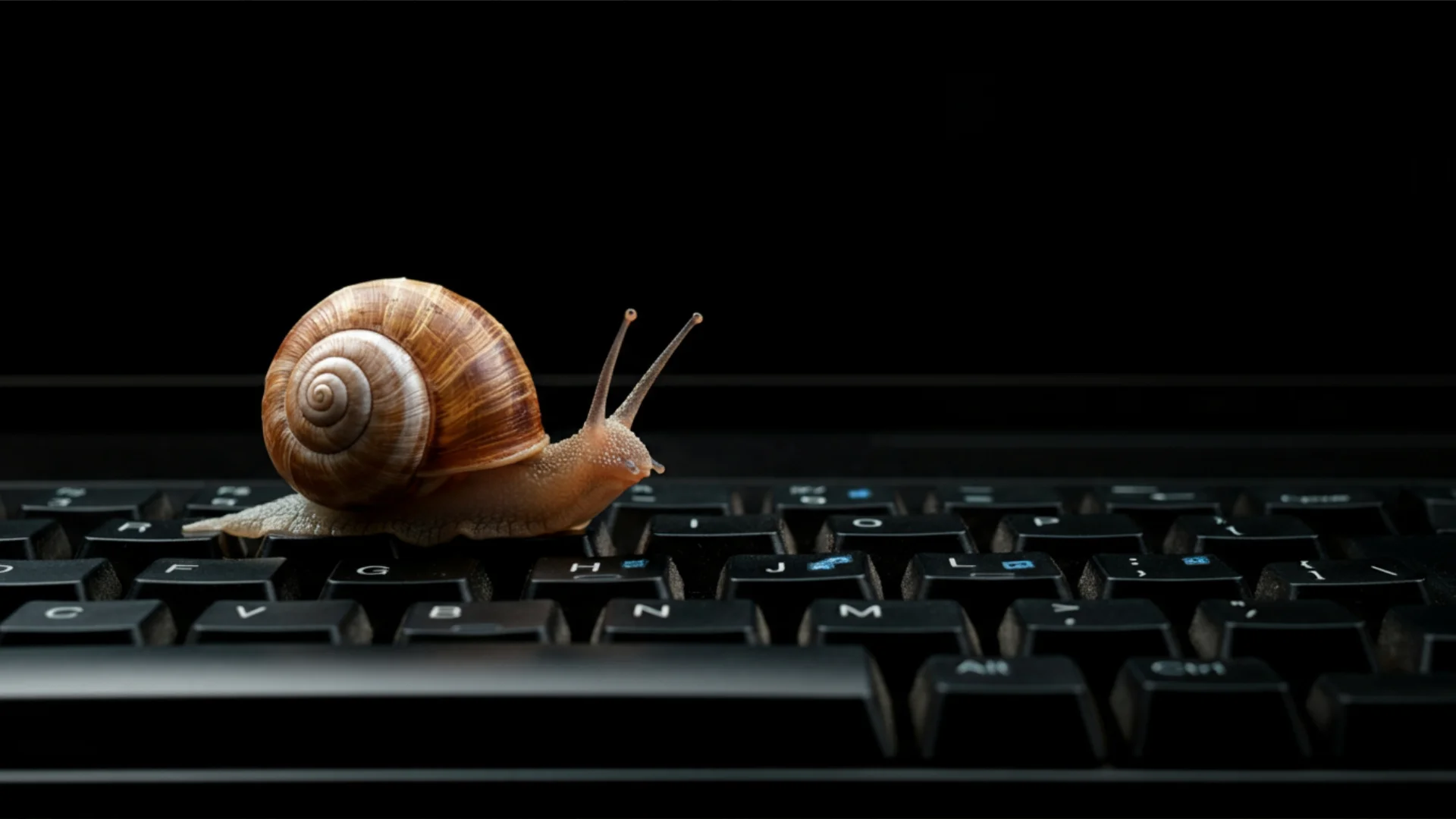 Snail crawling on laptop keyboard representing a painfully slow-loading website.